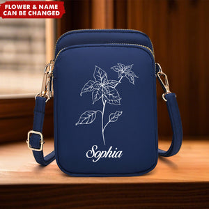 Birth Flower Shoulder Backpack Wallet With Headphone Hole Personalized Phone Crossbody Bag