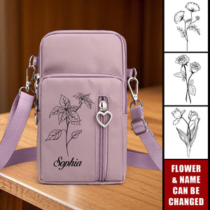 Birth Flower Personalized Arm Wallet Travel Pouch Shoulder Phone Crossbody Bag