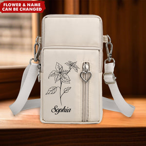 Birth Flower Personalized Arm Wallet Travel Pouch Shoulder Phone Crossbody Bag