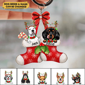 Peeking Dog On Christmas Stocking Personalized Keychain