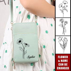 Birth Flower Touchscreen Leather Personalized Phone Crossbody Bags - Gift For Bridesmaid /Mom/Wife