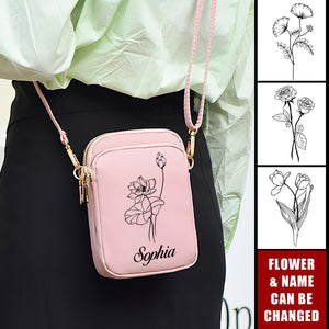Birth Flower Shoulder Backpack Wallet With Headphone Hole Personalized Phone Crossbody Bag