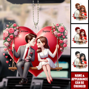 Couple Sitting On A Swing - Personalized Acrylic Car Ornament - Valentine's Day Gift