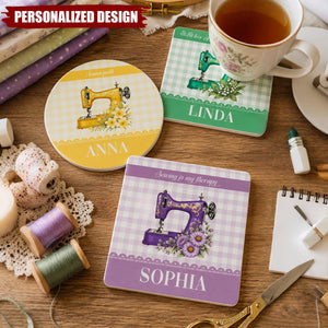 Personalized Sewing Lover Ceramic Coaster - Vintage Sewing Machine Themed Drink Coaster
