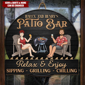 Just A Couple, Pool & Patio Sipping Chilling - Couple Personalized Home Decor Wood Sign