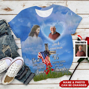 Memorial Upload Photo Jesus Cross Cardinal American Flag, God Has You In His Arms I Have You In My Heart Personalized 3D T-Shirt