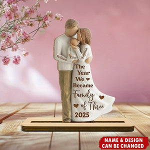 The Year We Became Family Of Three With Heart,Personalized Wood Plaque,Gift For New Parents