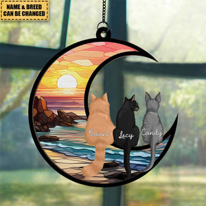 Cats On Moon Personalized Window Hanging Suncatcher Ornament, Halloween Decor For Cat Lovers