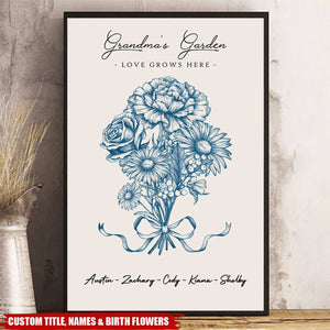 Vintage Floral Grandma Garden Birth Month Flowers Bouquet With Grandkids Names Personalized Poster