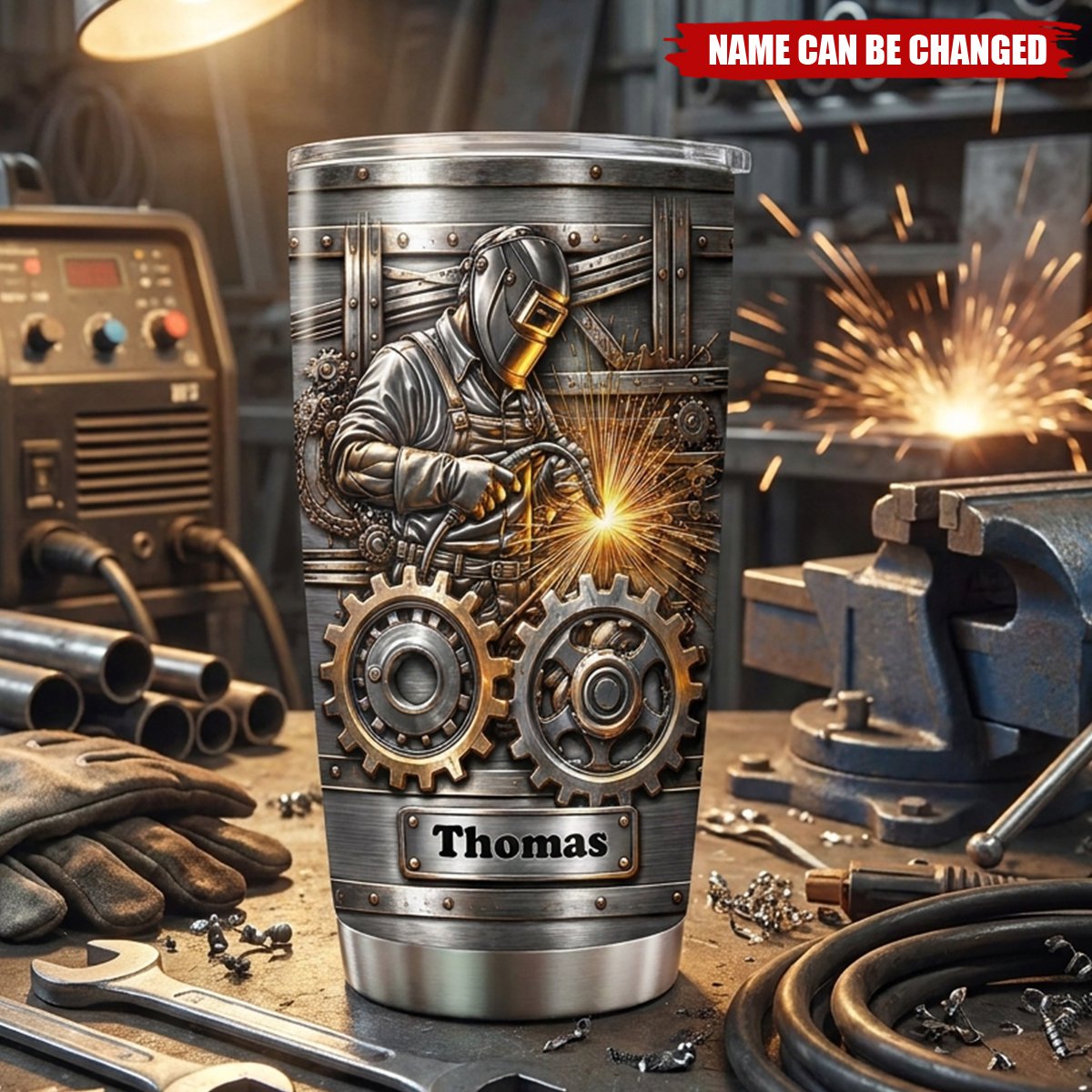 Hardworking Welder Sparks & Gears - Custom Tumbler for Dad Husband Blue Collar Gift
