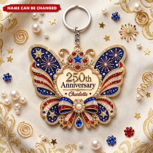 Personalized USA 250th Anniversary Butterfly Acrylic Keychain, Custom Name Patriotic Keyring