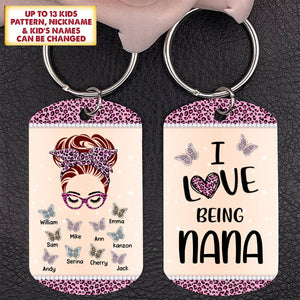 Personalized I Love Being Nana Butterfly Messy Bun Stainless Steel Keychain Nana With Grandkids Name Keychain