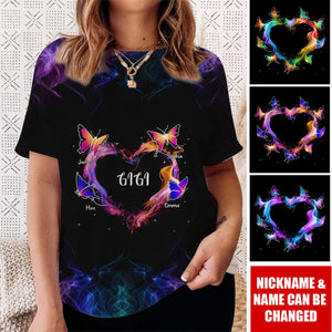 Grandma Mom Colorful Heart Butterflies Personalized 3D T-Shirt