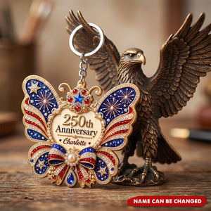 Personalized USA 250th Anniversary Butterfly Acrylic Keychain, Custom Name Patriotic Keyring