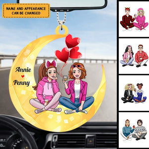 Couple Bestie Sitting On Moon - Personalized Acrylic Ornament