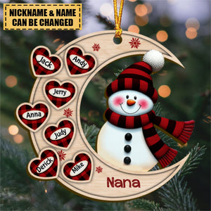 Christmas Happy Snowman Nana Mom Heart Kids On Moon Personalized Ornament