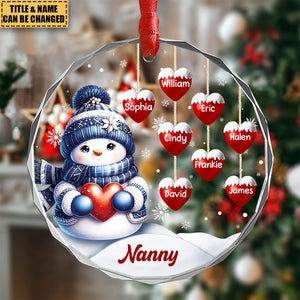 Personalized Snowman Grandma's Hearts Circle Glass Ornament