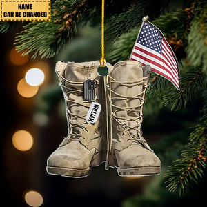 Military Boots And American Flag Personalized Shaped Ornament - Perfect Gift For Soliders