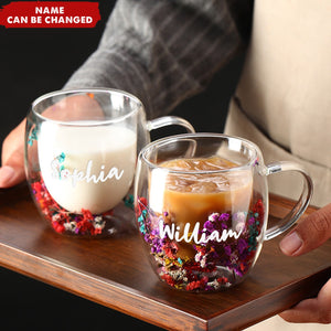 Insulated Heat Resistant Personalized Dried Flowers Double Wall Glass Coffee Mugs