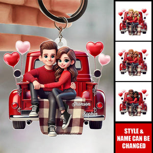 3D Effect Couple Sitting On Red Truck Personalized Acrylic Keychain, Valentine's Day Gift, Anniversary Gift For Couples