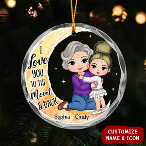 Christmas Grandma & Grandkid On Moon Personalized Circle Glass Ornament