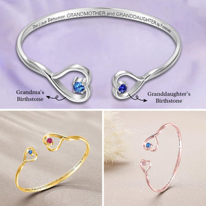 Personalized Double Birthstone Heart Adjustable Bangle with Engraved Text - Birthday Mother's Day Gift for Grandma Granddaughter