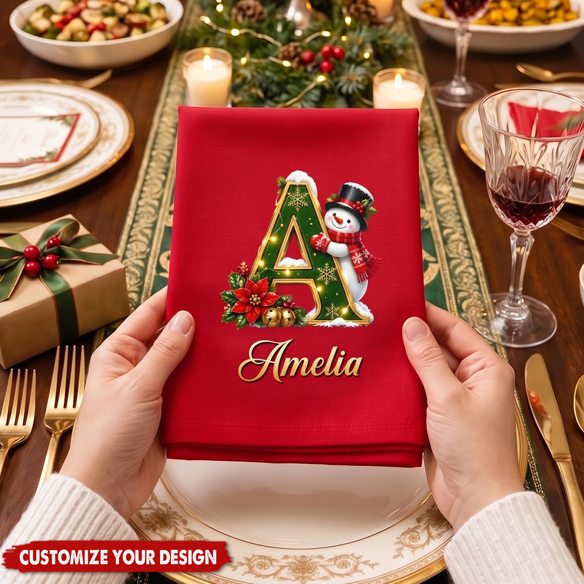 Custom Snowman Cotton Napkin - Personalized Christmas Birthday Gifts - Gathered Together With Joy