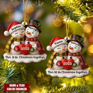 Our Christmas Together, Snowman With Hearts and Holly, Personalized Wood Ornament