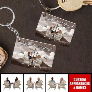 Cross God Gave Me You Couple Sitting Personalized Keychain, Anniversary Gift For Him, Her