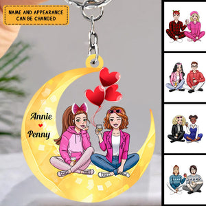 Couple Bestie Sitting On Moon - Personalized Acrylic Keychain