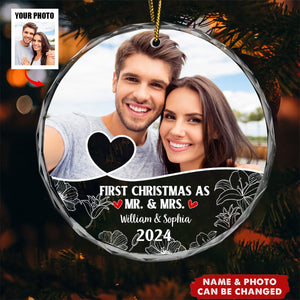 Custom Photo First Christmas As Mr & Mrs Couples - Personalized Circle Glass Ornament