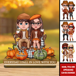 3D Effect Fall Season Couple Sitting Pumpkins - Personalized 2-Layer Standing Wooden Plaque