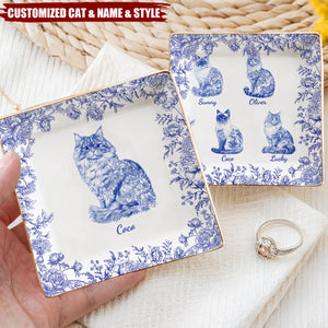 Cat Lover Chinoiserie Toile De Jouy Style - Personalized Jewelry Dish