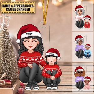 Cute Grandma Mom Grandkid Sitting Knees To Chest Christmas Gift For Granddaughter Grandson Personalized Acrylic Ornament