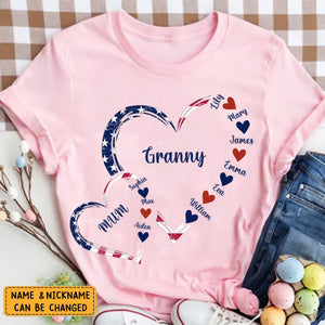 4th Of July America Flag Heart Mom Grandma And Grandkids Hearts Gift For Grandma Personalized Shirt