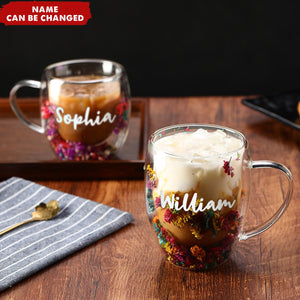 Insulated Heat Resistant Personalized Dried Flowers Double Wall Glass Coffee Mugs