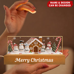 3D Effect Snowman Family Grandparents In Snow - Personalized Acrylic Block LED Night Light