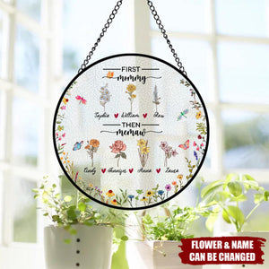 First Mom Now Grandma - Personalized Birth Flowers Stained Glass Suncatcher