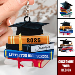 Graduation Cap And Books - Personalized Acrylic Keychain, Gift For Graduates