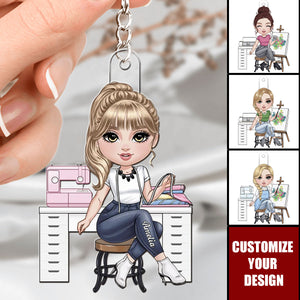 Cartoon Girl Love Sewing - Personalized Acrylic Keychain