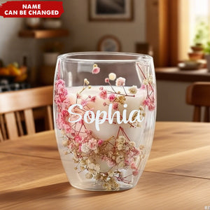 Personalized Insulated Layer Dried Flowers Double Wall Clear Glass Coffee Mugs