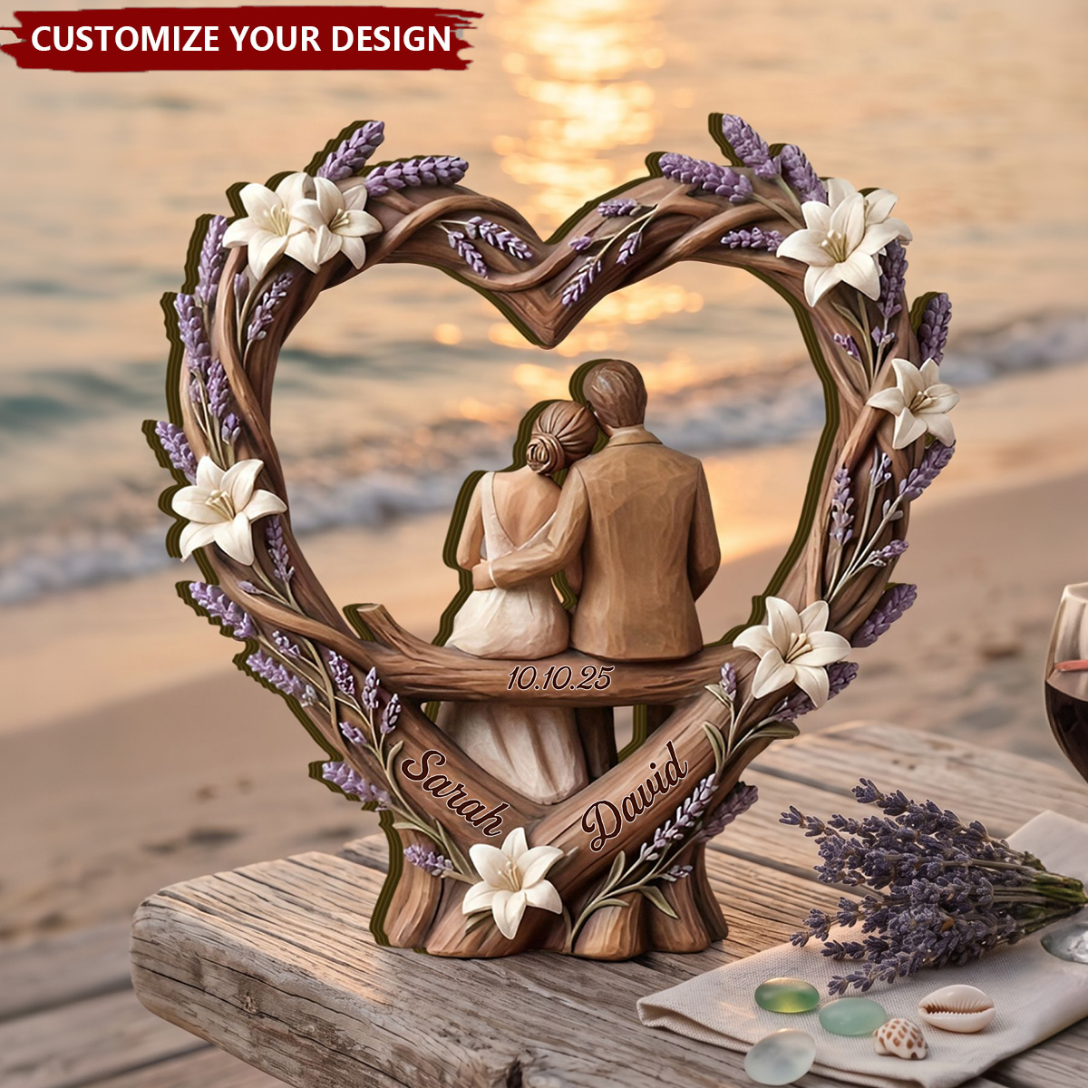 Personalized Wooden Couple Heart Sculpture, Rustic Bridal Decor Gift For The Couple