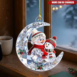 3D Crystal Effect Grandma Grandkid Snowman On Moon - Personalized Acrylic Ornament