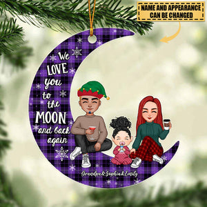 Checkered Pattern Cute Grandma Grandpa & Grandkid On Moon Christmas Gift Personalized Acrylic Ornament