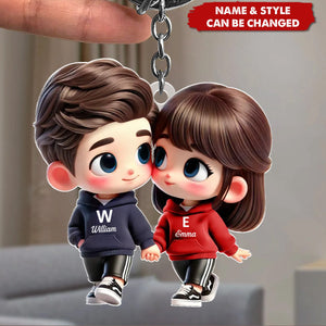 Cute Cartoon Couple Holding Hands Personalized Acrylic Keychain, Anniversary & Valentine's Day Gift for him, Gift for her