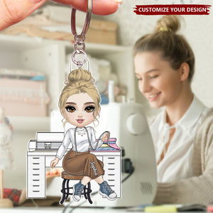 Cartoon Girl Love Sewing - Personalized Acrylic Keychain