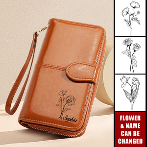 Personalized Birthday Flower Zipper Leather Wristlet Wallet