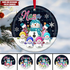 Personalized Grandma Snowman & Kid Christmas Tree Circle Ceramic Ornament