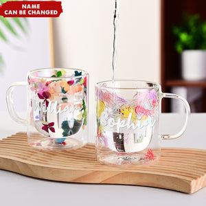 Insulated Layer Dried Flowers Double Wall Glass Personalized Coffee Mugs