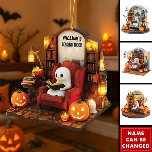 Personalized Halloween Ornament, Ghost Reading Nook